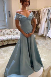 Elegant Off-Shoulder V-Neck Satin Pleated Prom Evening Dress with Train