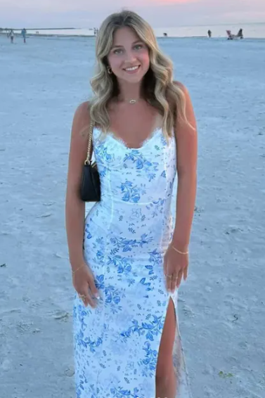 Spaghetti V-Neck Print Sleeveless Prom Party Dress with Slit