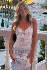 Spaghetti V-Neck Print Sleeveless Prom Party Dress with Slit