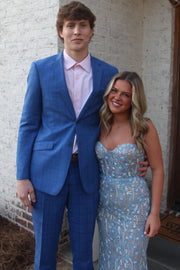 Blue Strapless Lace Appliques Sweetheart Sleeveless Long Prom Dress