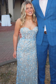 Blue Strapless Lace Appliques Sweetheart Sleeveless Long Prom Dress