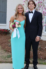 Spaghetti Straps V-Neck Sleeveless Satin Sheath Prom Formal Dress