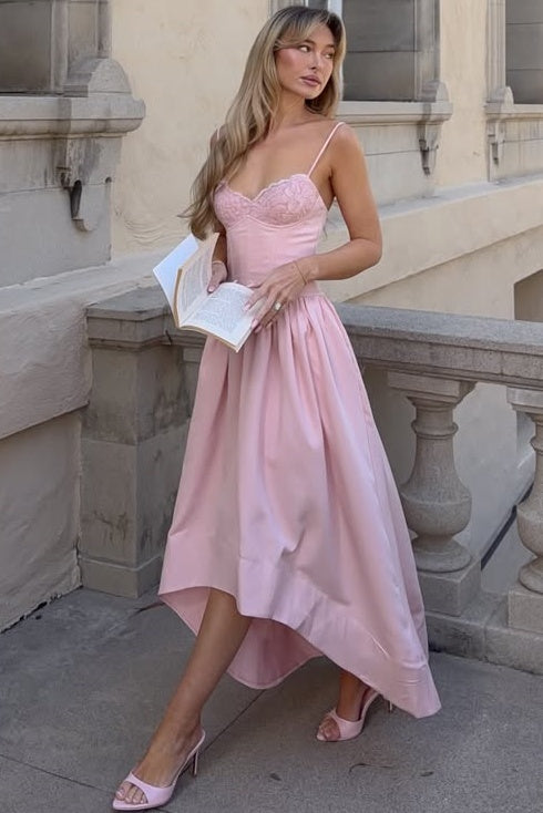 Pink A-Line Spaghetti Straps V-Neck Pleats Sleeveless Prom Party Dress