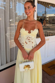 Yellow Spaghetti Straps A-Line Appliques Sleeveless Prom Party Dress