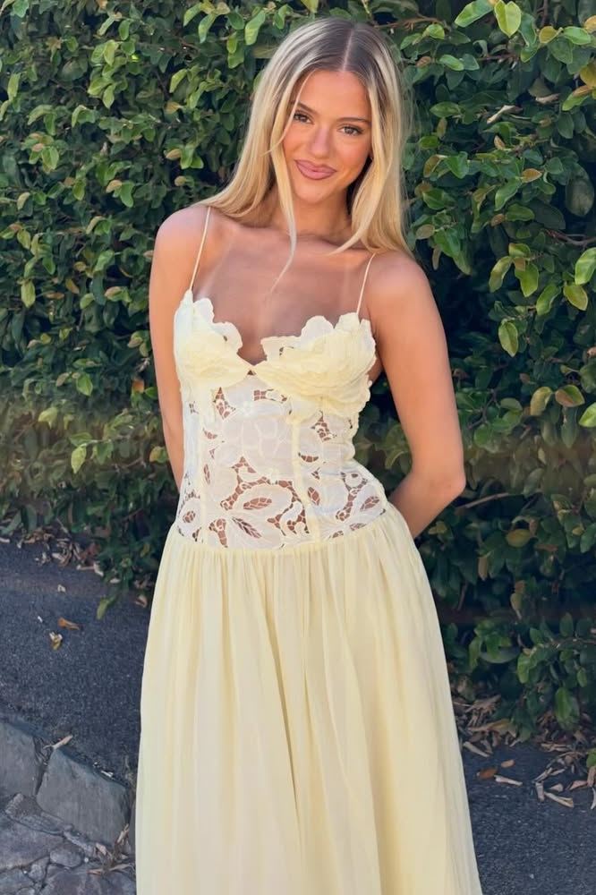 Yellow Spaghetti Straps A-Line Appliques Sleeveless Prom Party Dress