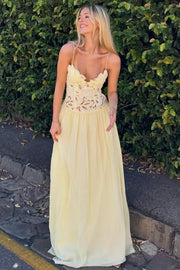 Yellow Spaghetti Straps A-Line Appliques Sleeveless Prom Party Dress