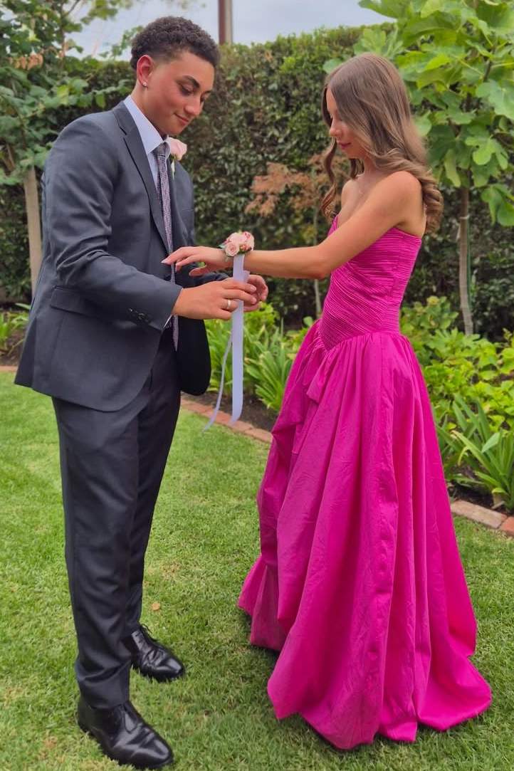 Fuchsia A-Line Strapless Sweetheart Empire-Waist Pleated Prom Dress