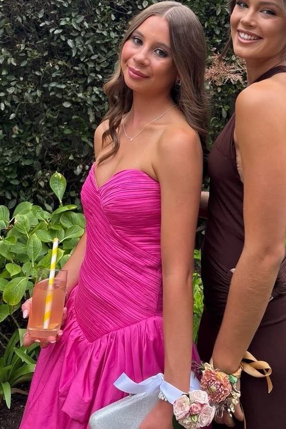 Fuchsia A-Line Strapless Sweetheart Empire-Waist Pleated Prom Dress