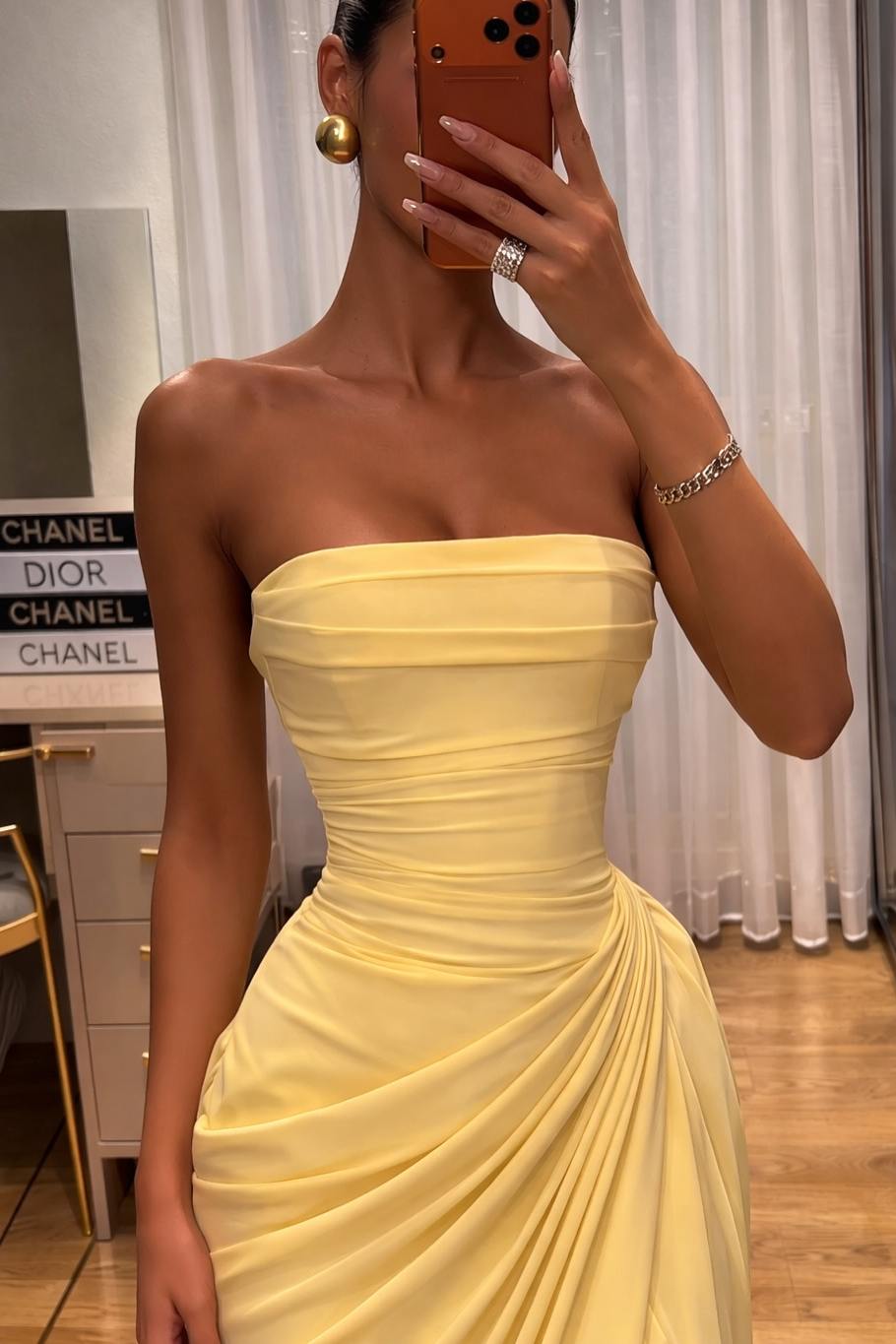 Yellow Strapless Pleats Scoop Neck High Slit Prom Dress with Train