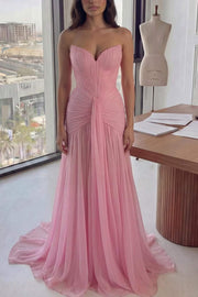 Pink Strapless V-Neck Pleated Chiffon A-Line Sleeveless Long Prom Dress