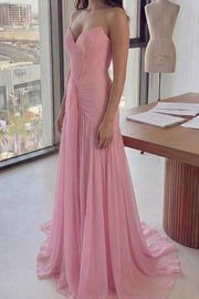 Pink Strapless V-Neck Pleated Chiffon A-Line Sleeveless Long Prom Dress