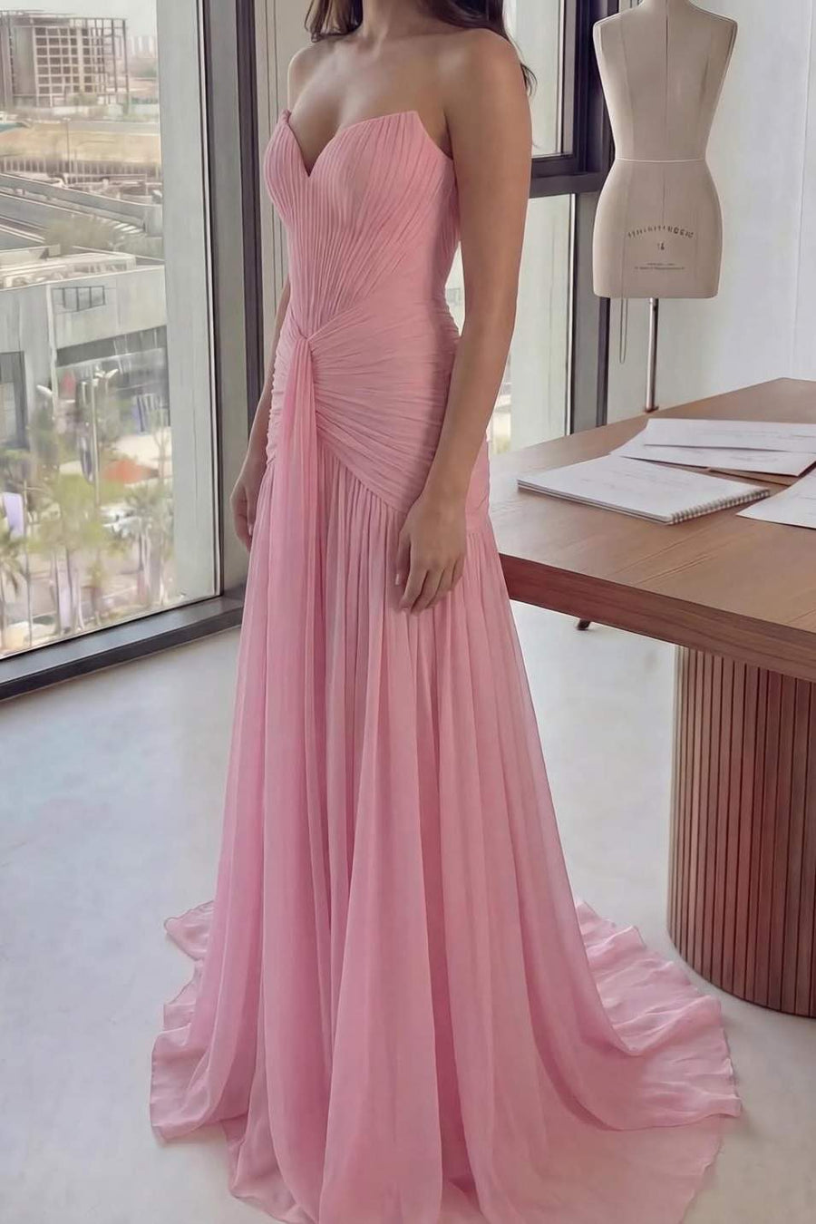 Pink Strapless V-Neck Pleated Chiffon A-Line Sleeveless Long Prom Dress