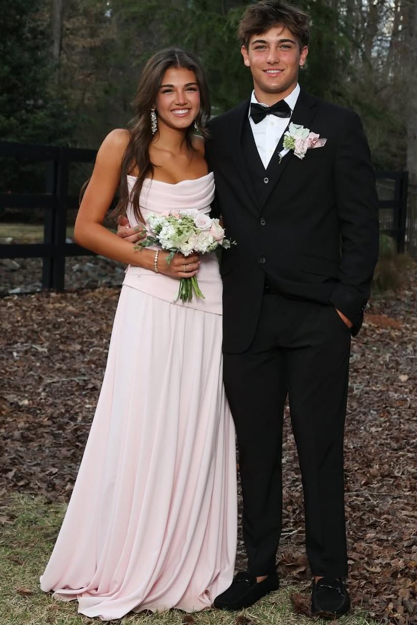 Pink A-Line Scoop Neck Pleats Chiffon Sleeveless Long Prom Dress