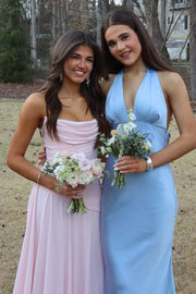 Pink A-Line Scoop Neck Pleats Chiffon Sleeveless Long Prom Dress