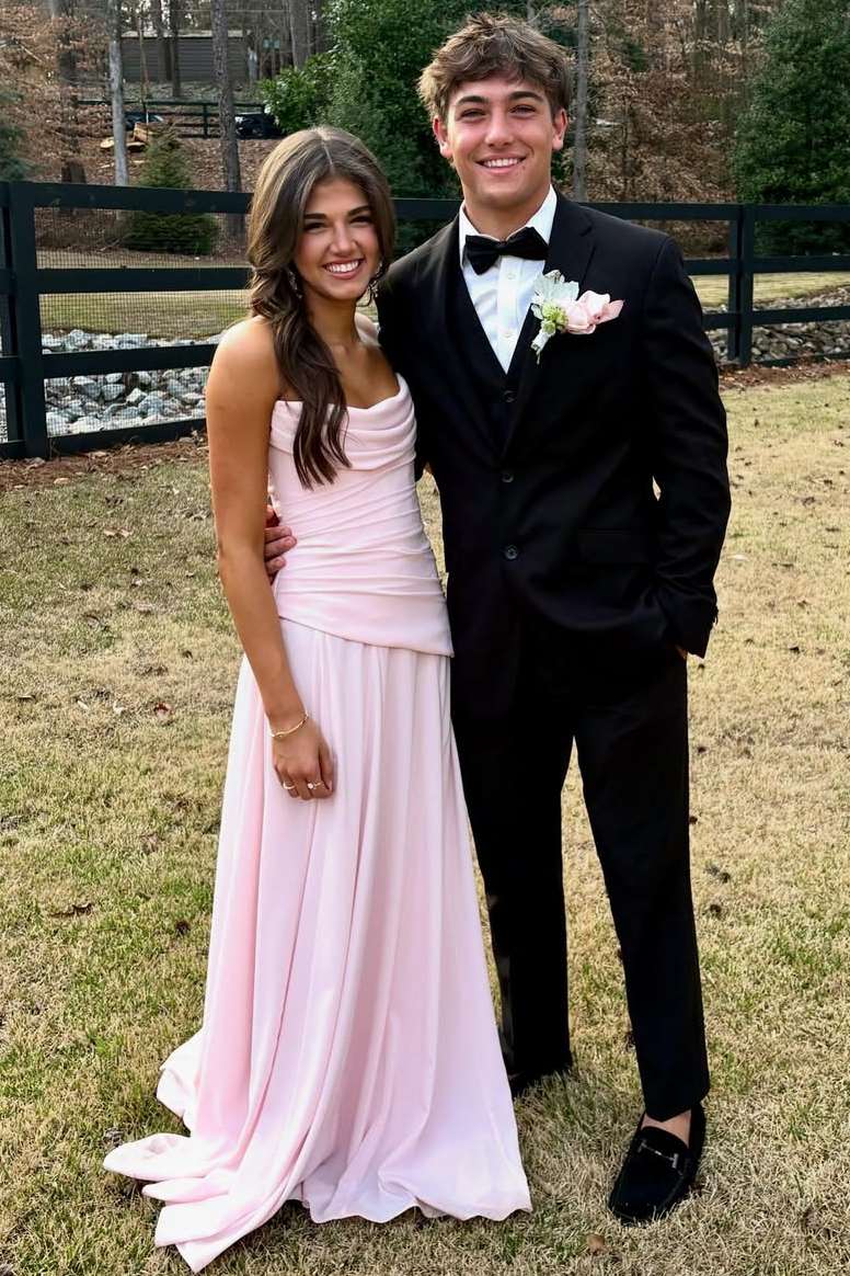 Pink A-Line Scoop Neck Pleats Chiffon Sleeveless Long Prom Dress