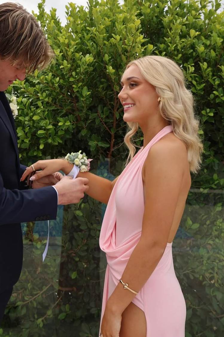 Halter V-Neck Pleats Sleeveless Pink Long Prom Dress with High Slit