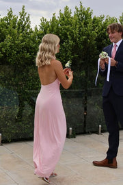 Halter V-Neck Pleats Sleeveless Pink Long Prom Dress with High Slit