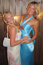 Blue Halter Satin Pleats Sheath Sleeveless Long Prom Formal Dress