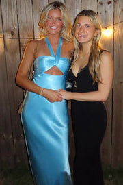 Blue Halter Satin Pleats Sheath Sleeveless Long Prom Formal Dress