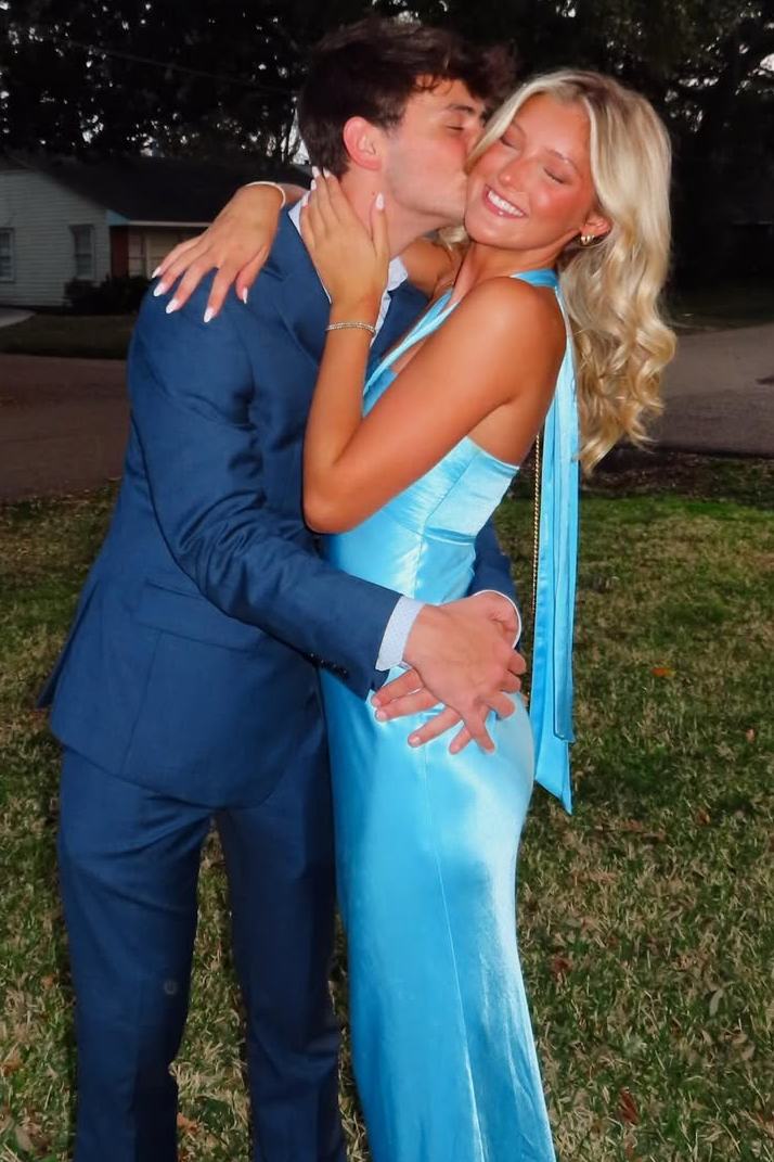 Blue Halter Satin Pleats Sheath Sleeveless Long Prom Formal Dress