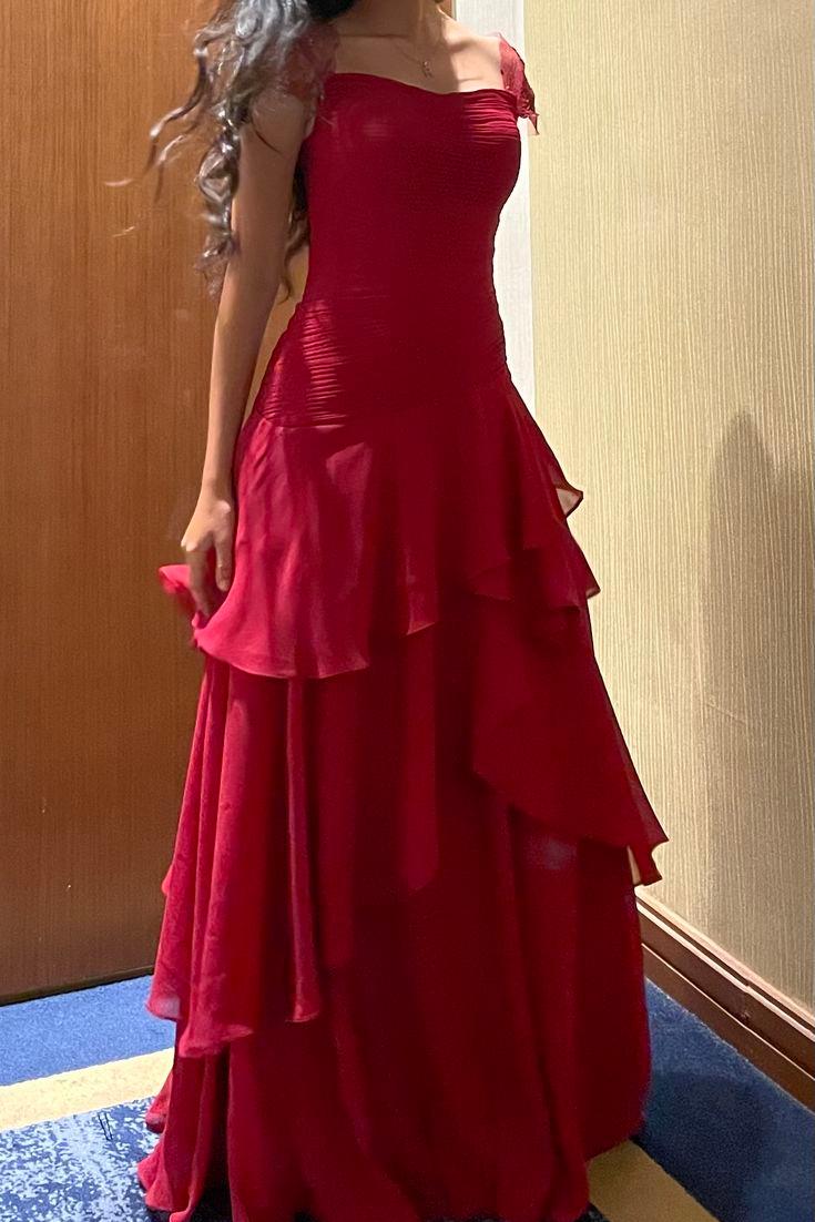 Red A-Line Straps Empire-Waist Ruffles Sleeveless Long Prom Dress