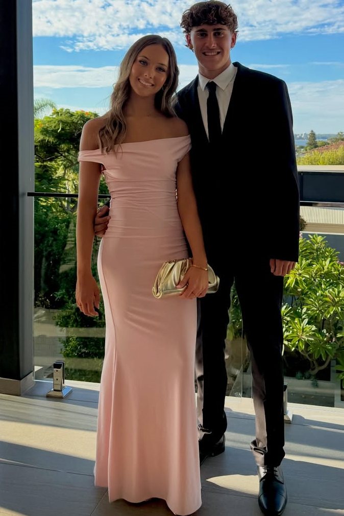 Pink Off-Shoulder Pleats Sheath Satin Long Formal Prom Dress