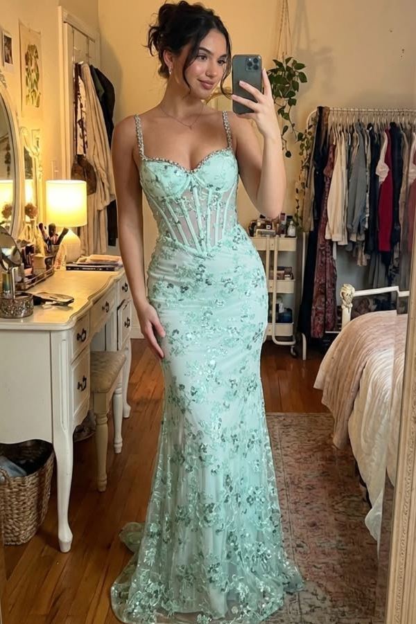 Stunning Green Straps with Beads Lace Appliques Mermaid Prom Dress