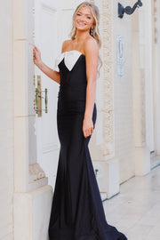 Black Strapless Bow Satin Pleats Sleeveless Mermaid Long Prom Dress