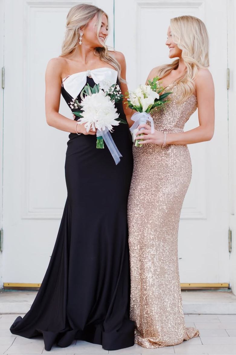 Black Strapless Bow Satin Pleats Sleeveless Mermaid Long Prom Dress