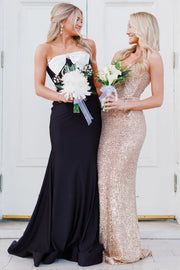 Black Strapless Bow Satin Pleats Sleeveless Mermaid Long Prom Dress