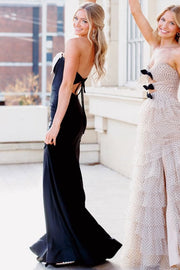 Black Strapless Bow Satin Pleats Sleeveless Mermaid Long Prom Dress