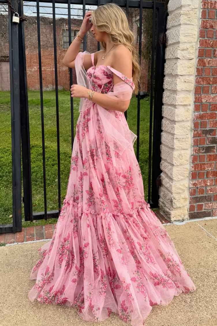 Cute Pink A-Line Sweetheart Print Sleeveless Empire-Waist Long Prom Dress