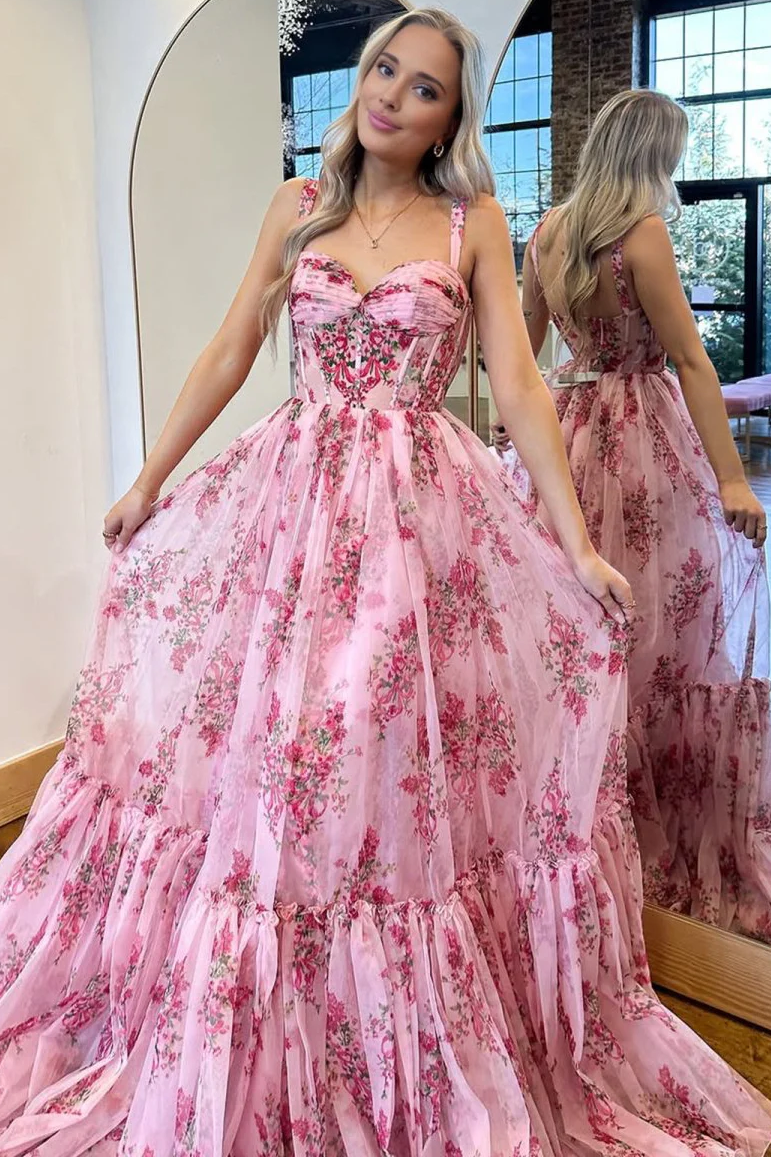 Cute Pink A-Line Sweetheart Print Sleeveless Empire-Waist Long Prom Dress