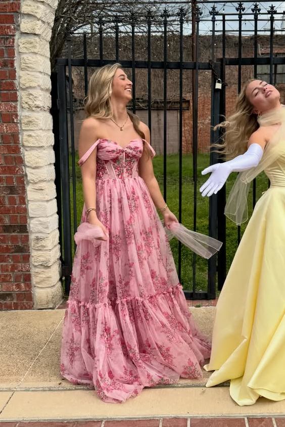 Cute Pink A-Line Sweetheart Print Sleeveless Empire-Waist Long Prom Dress