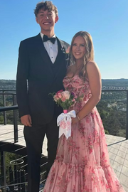 Cute Pink A-Line Sweetheart Print Sleeveless Empire-Waist Long Prom Dress