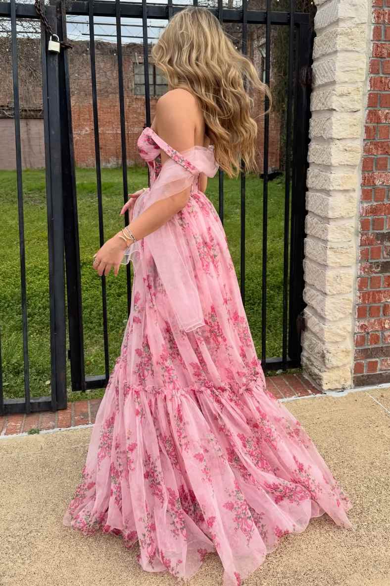 Cute Pink A-Line Sweetheart Print Sleeveless Empire-Waist Long Prom Dress