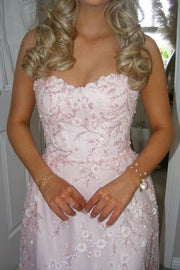 Pink A-Line Empire-Waist Sweetheart Lace Appliques Long Prom Dress