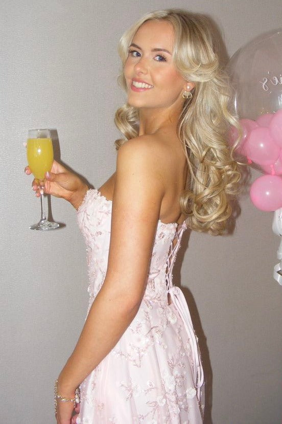 Pink A-Line Empire-Waist Sweetheart Lace Appliques Long Prom Dress