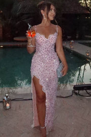 Gorgeous Straps V-Neck Beaded High Slit Sleeveless Prom Evening Dress