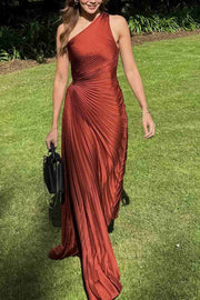 One Shoulder A-Line Pleated Sleeveless Empire-Waist Formal Prom Dress