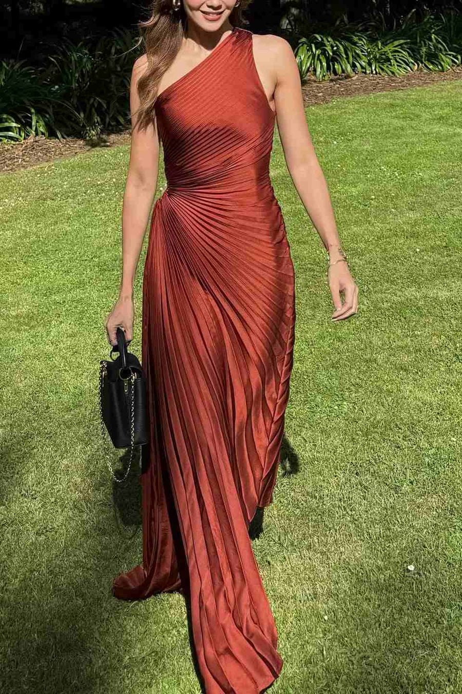 One Shoulder A-Line Pleated Sleeveless Empire-Waist Formal Prom Dress