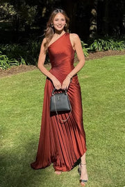 One Shoulder A-Line Pleated Sleeveless Empire-Waist Formal Prom Dress