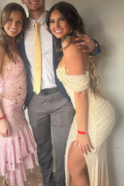 Off-Shoulder Sweetheart Pleats Mermaid Beads Prom Dress with Slit