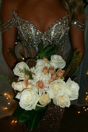 Stunning Off-Shoulder Beads V-Neck Sequins Prom Dress with Slit