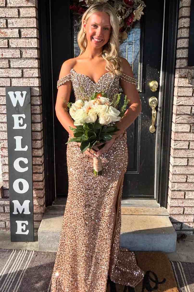 Stunning Off-Shoulder Beads V-Neck Sequins Prom Dress with Slit