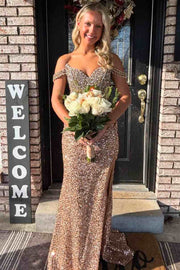 Stunning Off-Shoulder Beads V-Neck Sequins Prom Dress with Slit