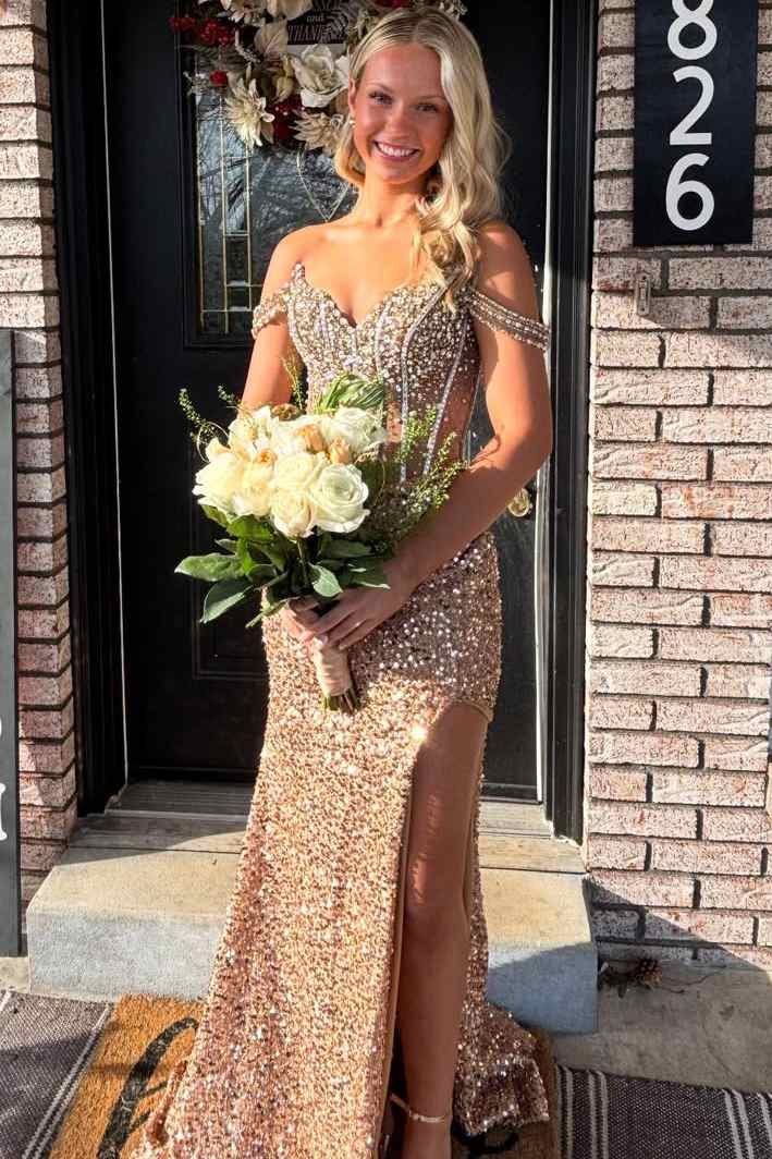 Stunning Off-Shoulder Beads V-Neck Sequins Prom Dress with Slit