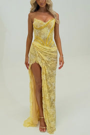 Yellow V-Neck Strapless Sleeveless High Slit Pleats Sheath Lace Prom Dress