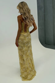 Yellow V-Neck Strapless Sleeveless High Slit Pleats Sheath Lace Prom Dress