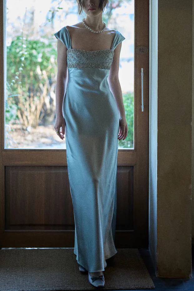 Elegant Blue Double Straps Sleeveless Beads Pleats Satin Evening Prom Dress